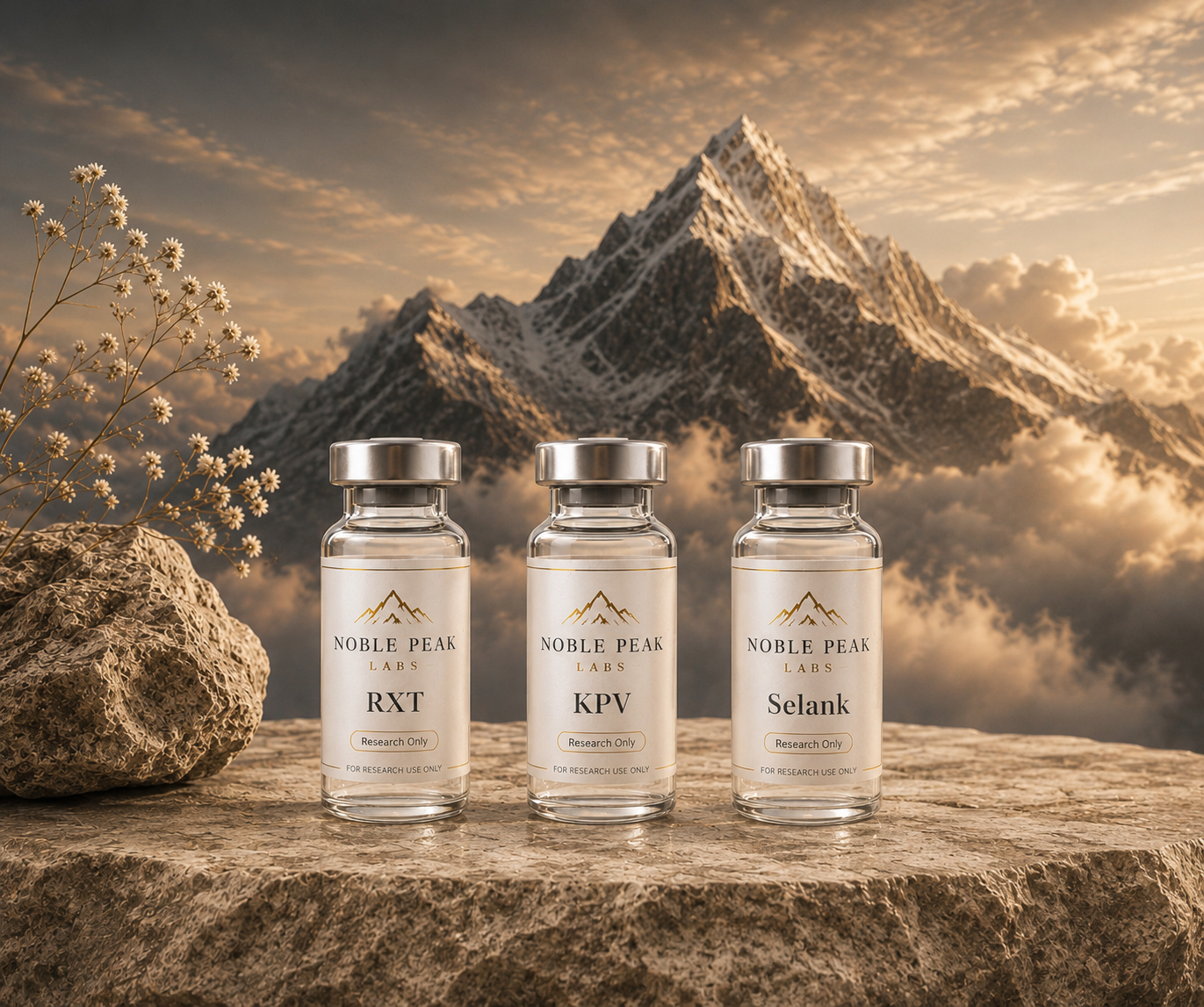 Noble Peak Labs research products displayed in front of an alpine mountain